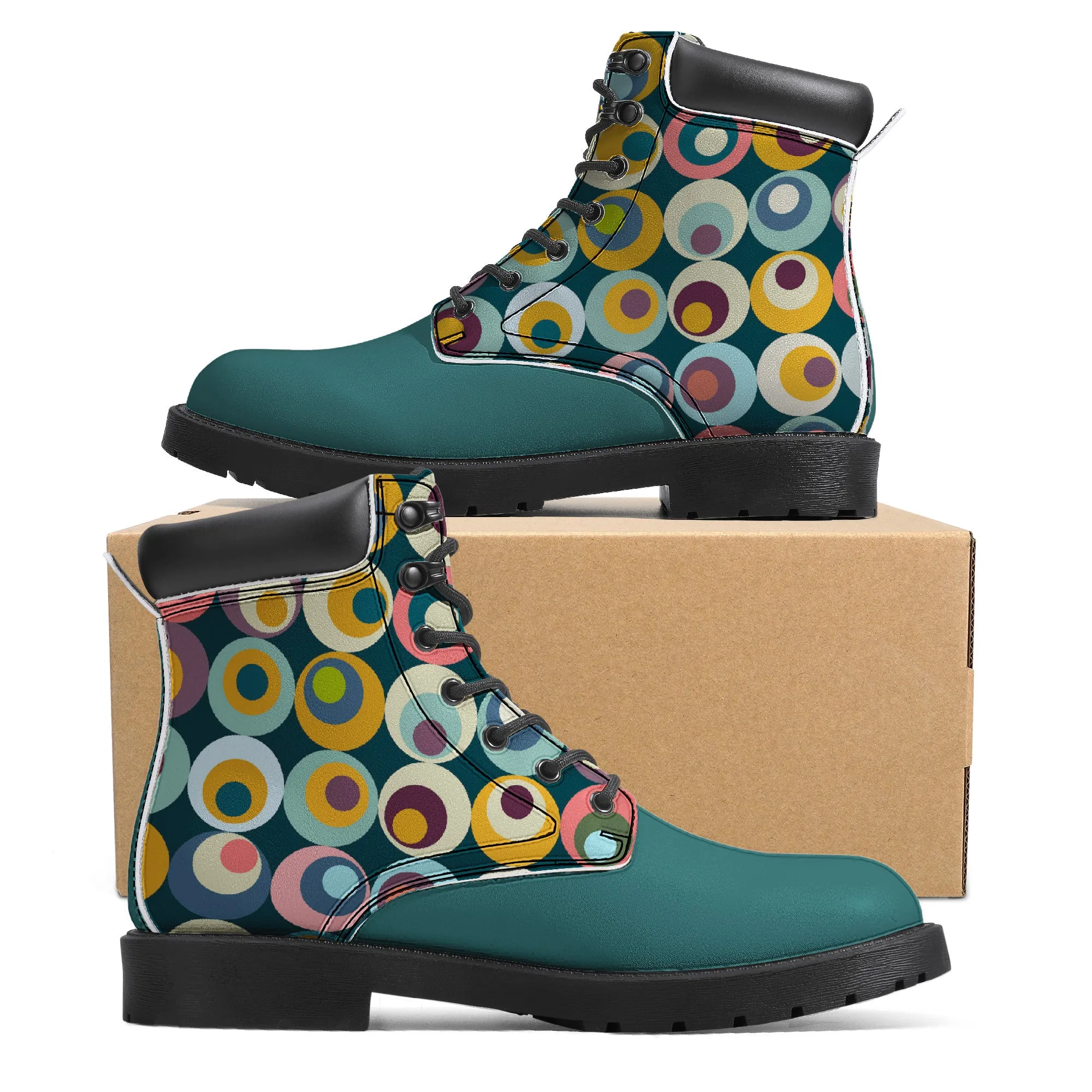 Unisex Synthetic Leather Boots With Cuff - Turquoise