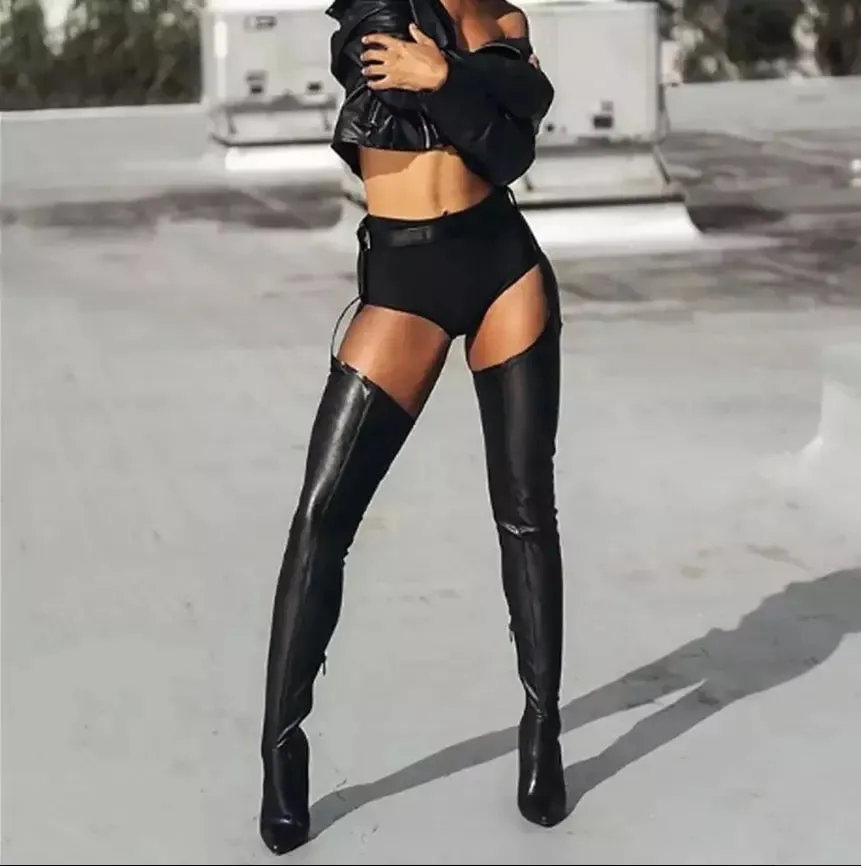 Waterproof Leather Over Knee Thigh High Boots Black
