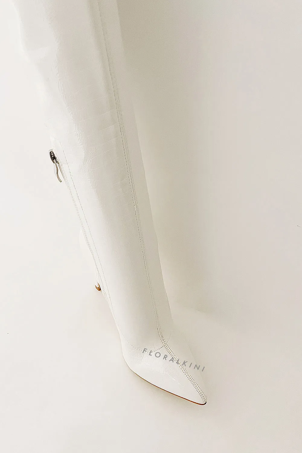 White Croc Print Thigh High Stiletto Boots