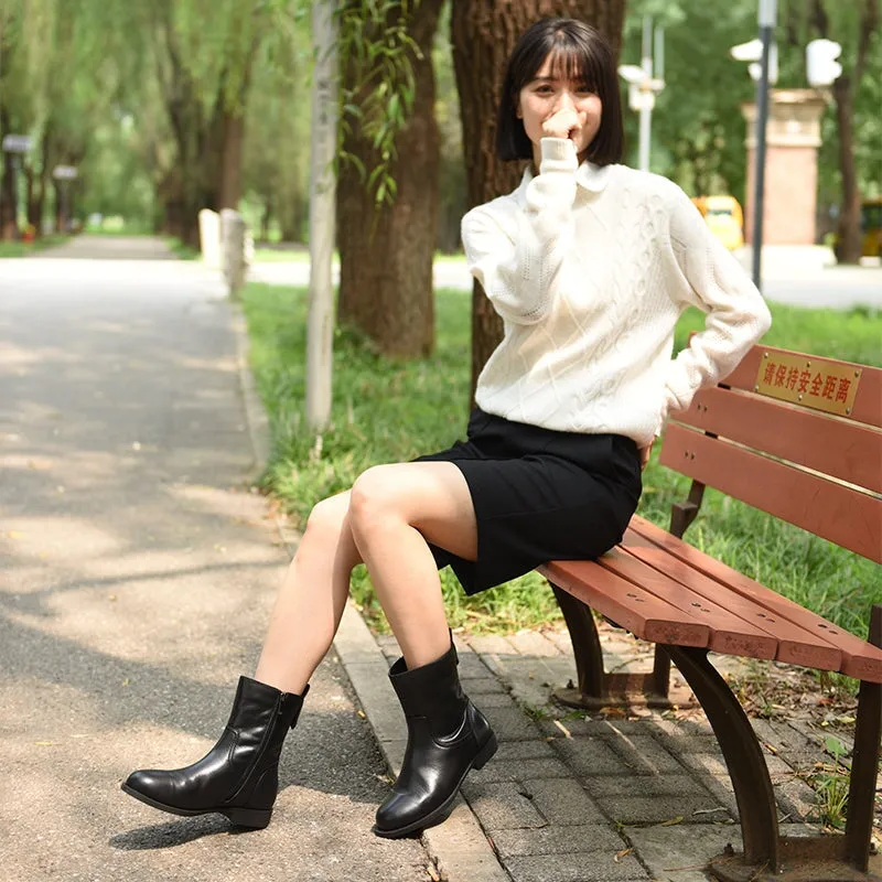 Wide Fit Leather Side Zip Mid Calf Boots For Winter Designer Shoes in Black