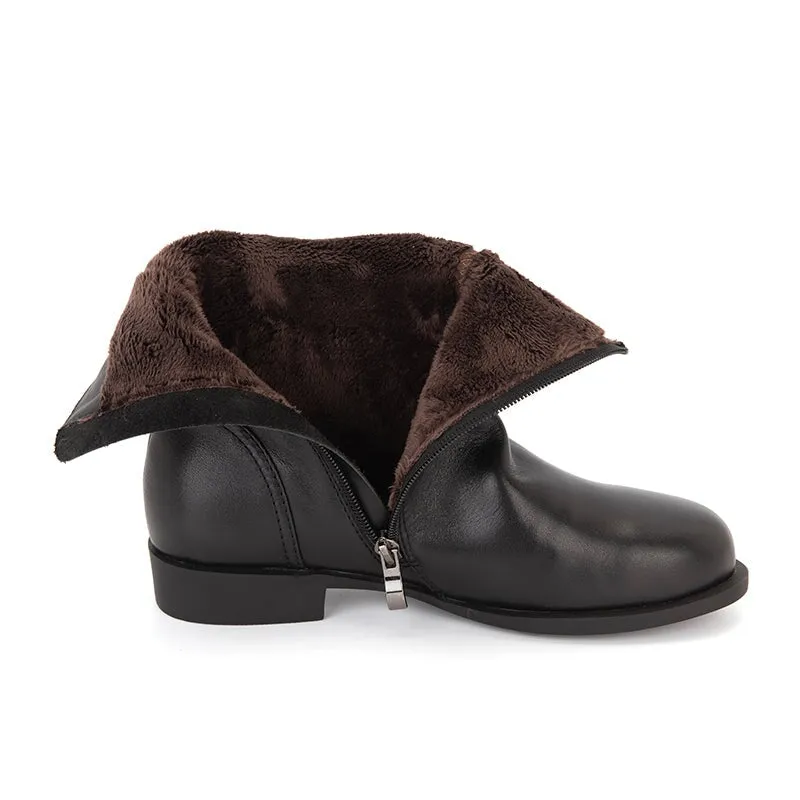 Wide Fit Leather Side Zip Mid Calf Boots For Winter Designer Shoes in Black