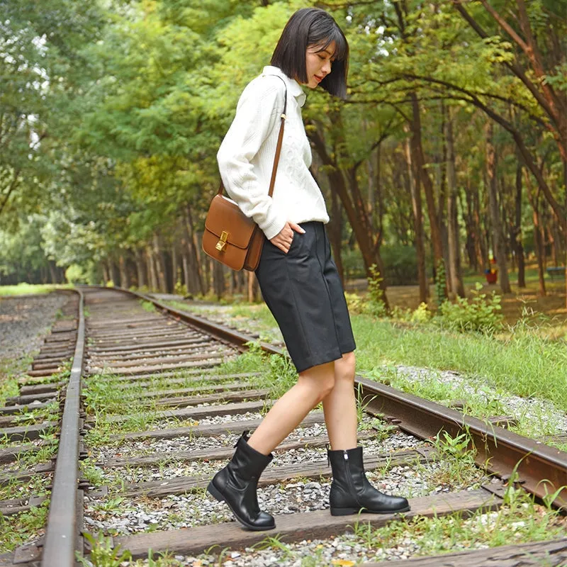 Wide Fit Leather Side Zip Mid Calf Boots For Winter Designer Shoes in Black