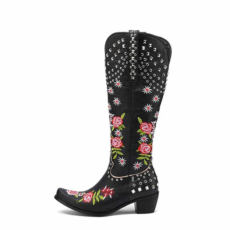 Women Floral Fantasy Cowgirl Embroidery Boots