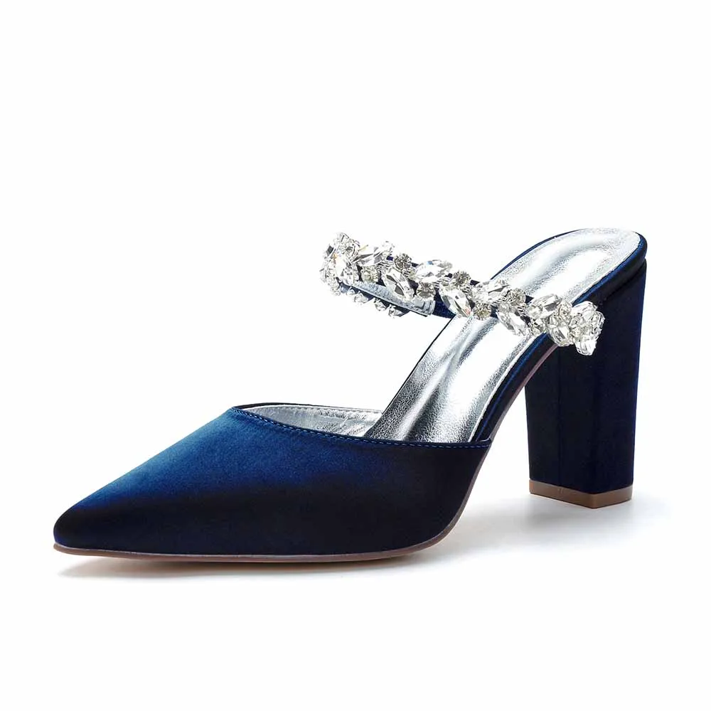 Women hand-made Rhinestone chunky heels party satin slippers