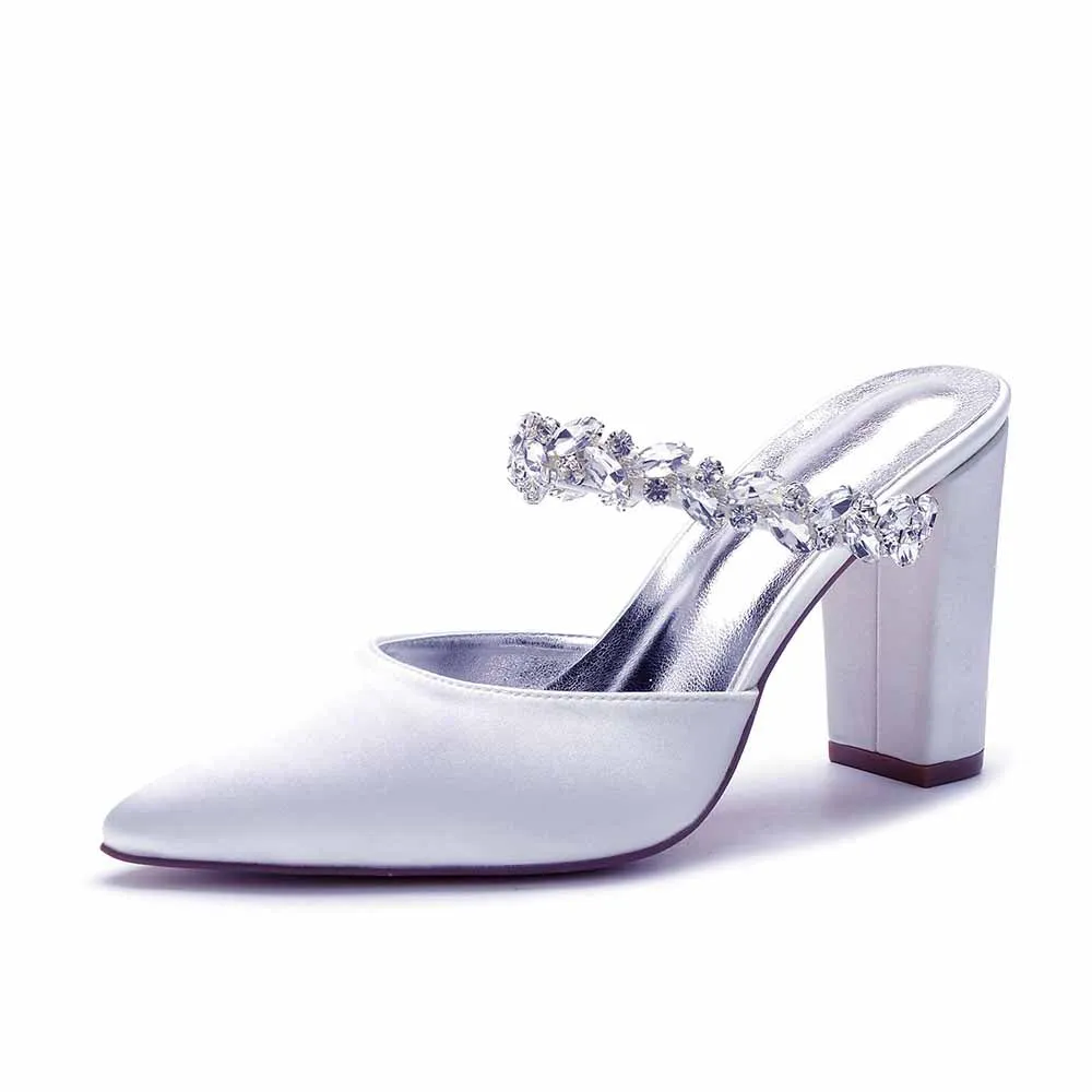 Women hand-made Rhinestone chunky heels party satin slippers