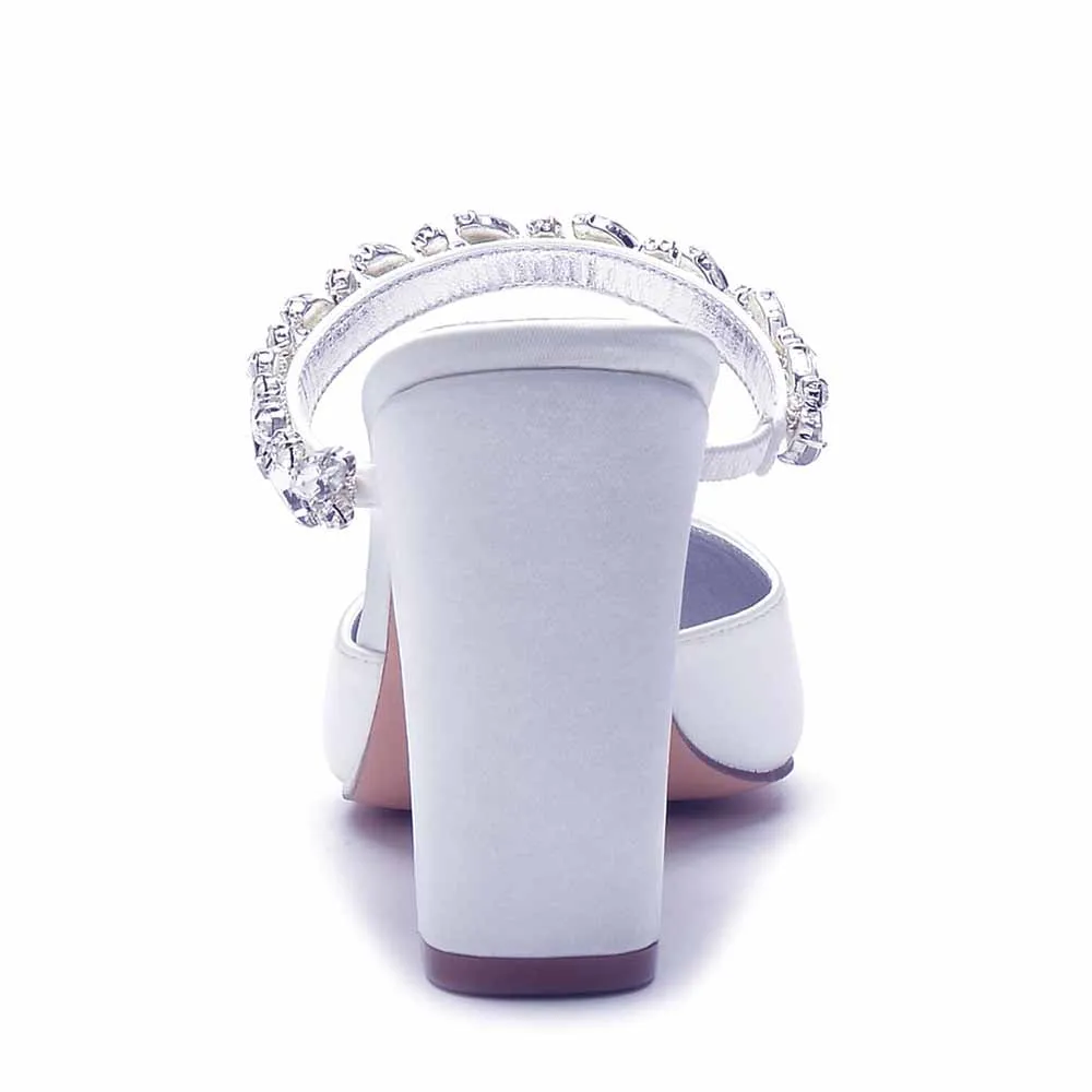 Women hand-made Rhinestone chunky heels party satin slippers