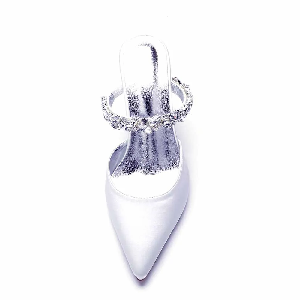 Women hand-made Rhinestone chunky heels party satin slippers