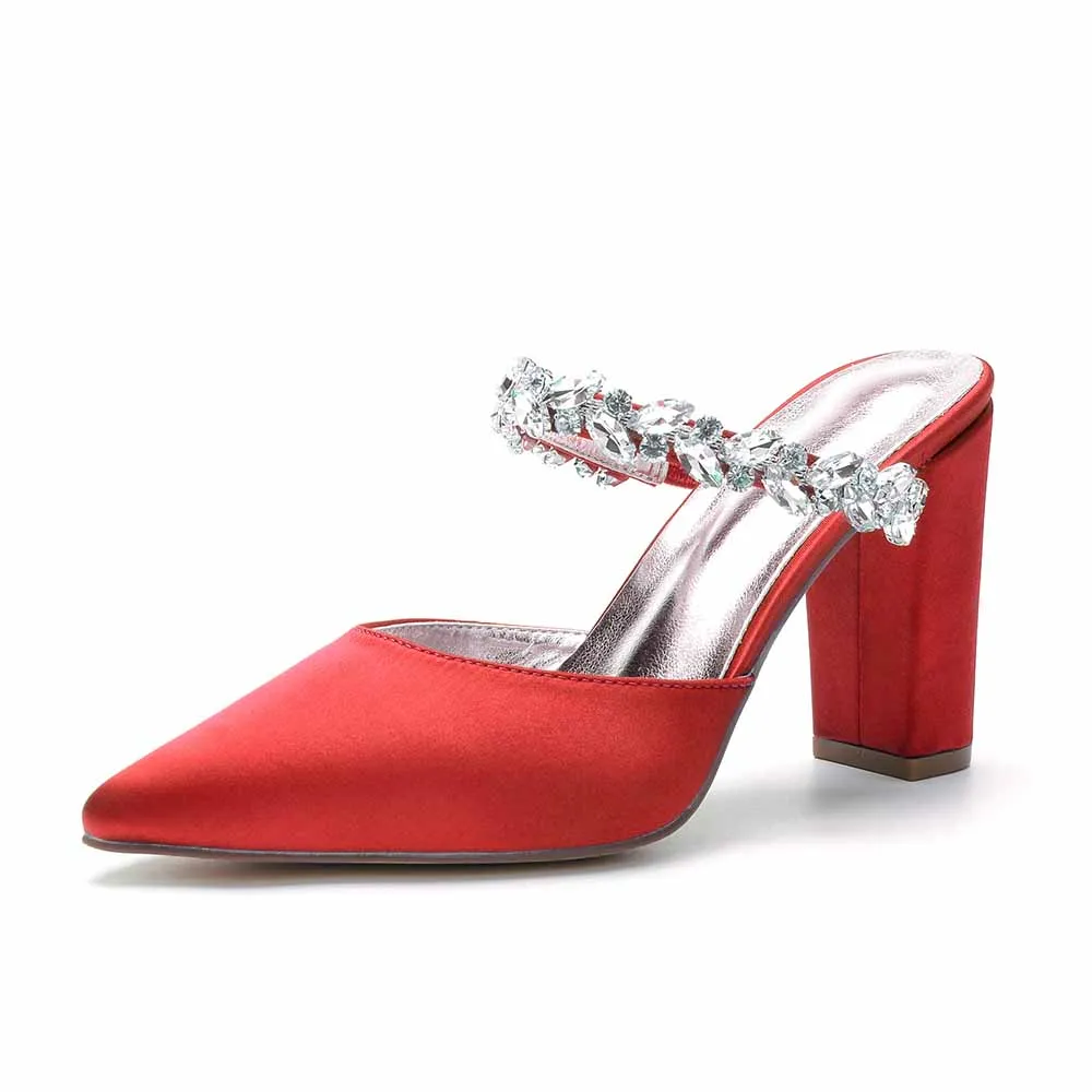 Women hand-made Rhinestone chunky heels party satin slippers
