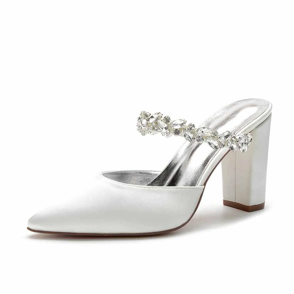 Women hand-made Rhinestone chunky heels party satin slippers