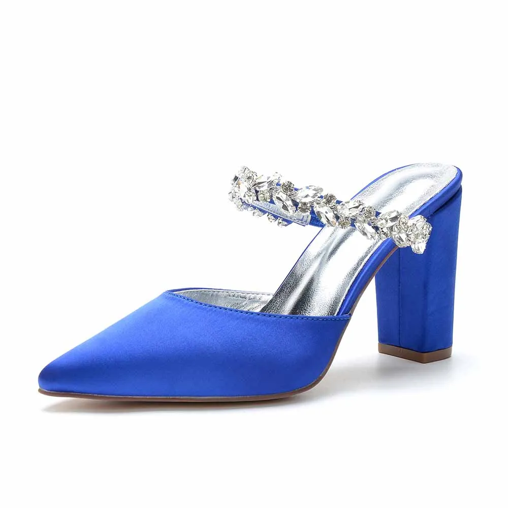 Women hand-made Rhinestone chunky heels party satin slippers