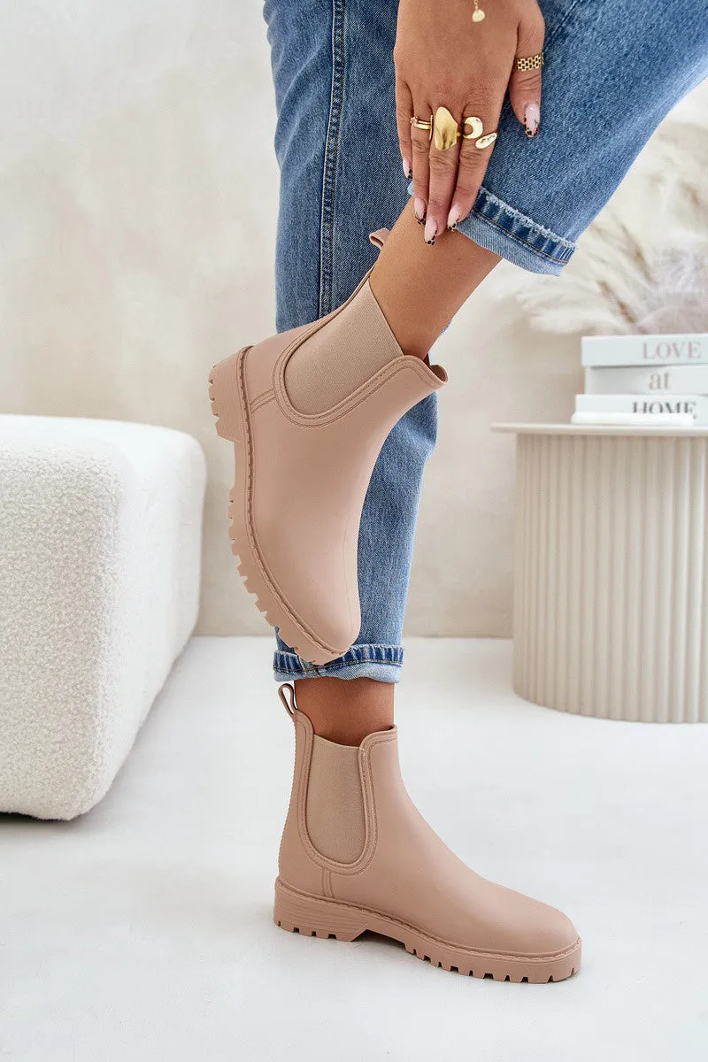 WOMENS BEIGE SLIP ON RAIN BOOTS SHOES