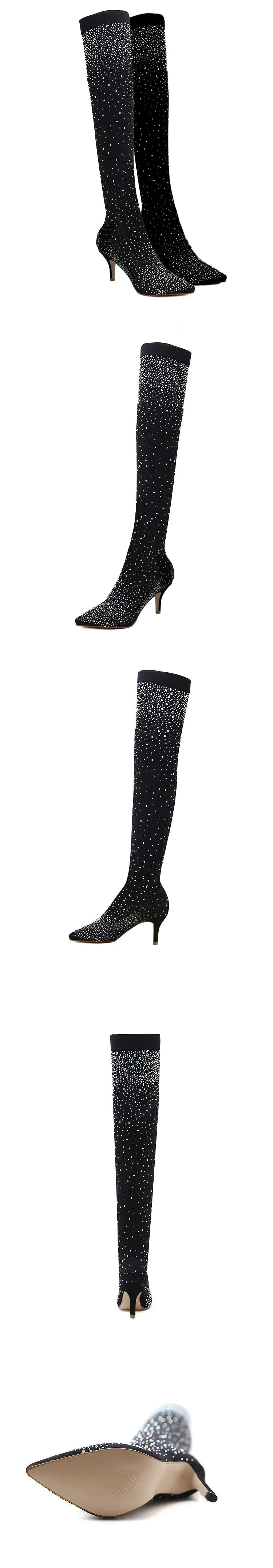 Women's Crystal Stretch Fabric Over the Knee High Heel Thigh Boots