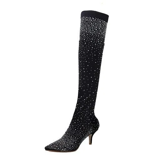 Women's Crystal Stretch Fabric Over the Knee High Heel Thigh Boots