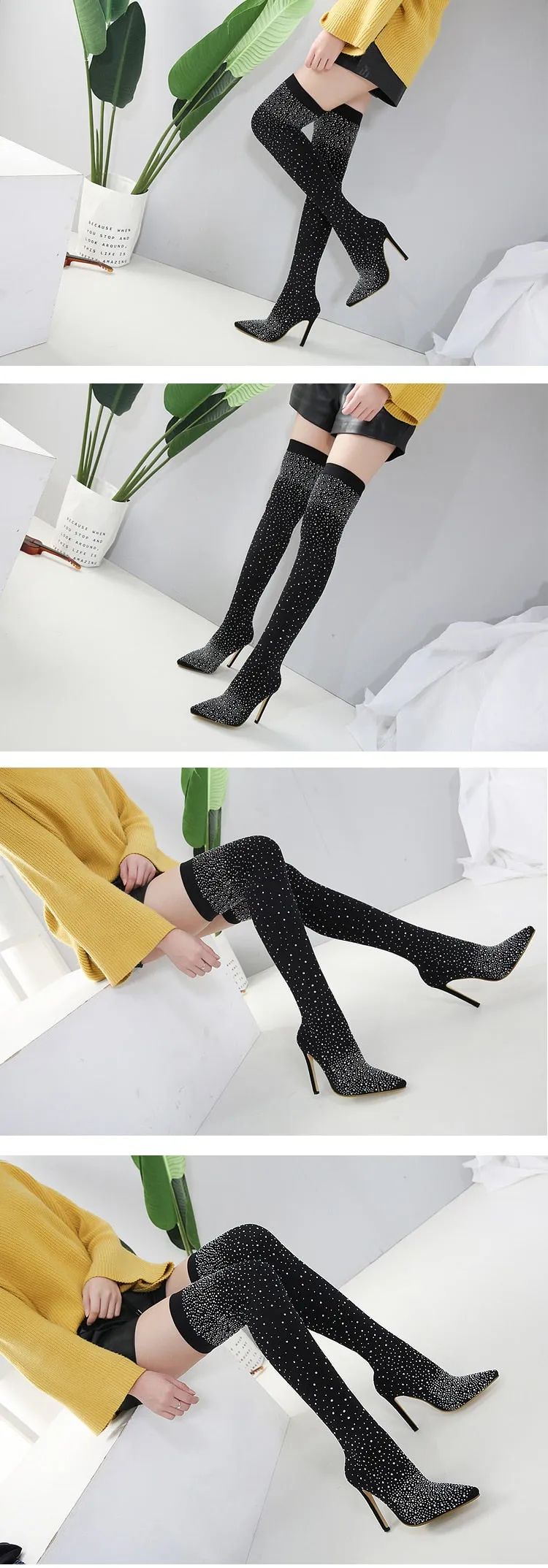 Women's Crystal Stretch Fabric Over the Knee High Heel Thigh Boots