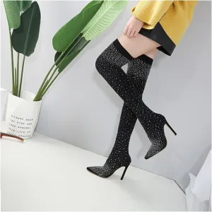 Women's Crystal Stretch Fabric Over the Knee High Heel Thigh Boots