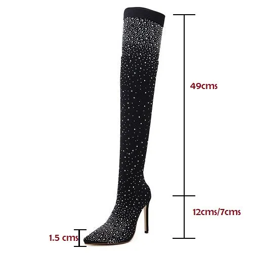 Women's Crystal Stretch Fabric Over the Knee High Heel Thigh Boots