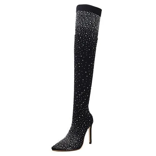 Women's Crystal Stretch Fabric Over the Knee High Heel Thigh Boots