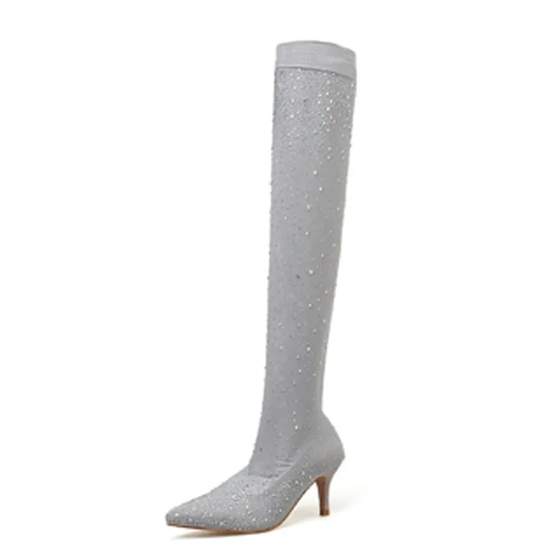 Women's Crystal Stretch Fabric Over the Knee High Heel Thigh Boots