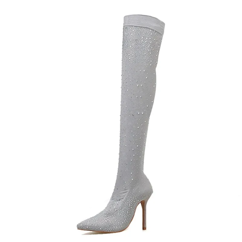 Women's Crystal Stretch Fabric Over the Knee High Heel Thigh Boots