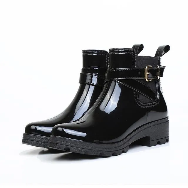 Women's fashion buckle strap short rain boots waterproof chealsea booties