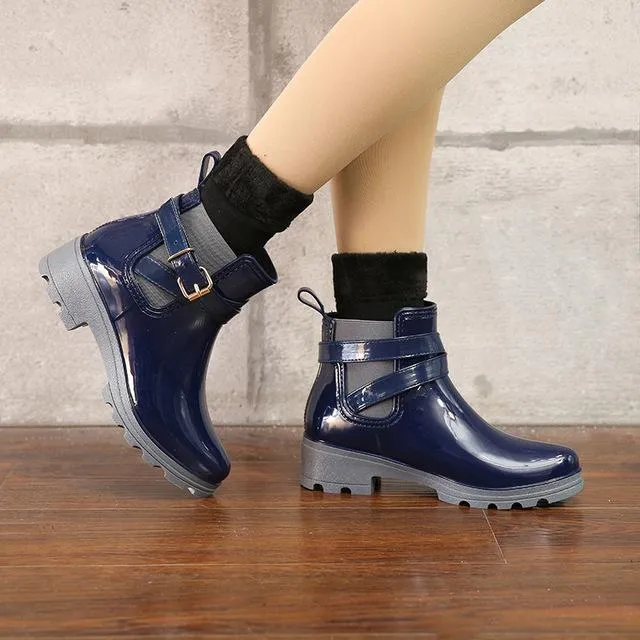Women's fashion buckle strap short rain boots waterproof chealsea booties