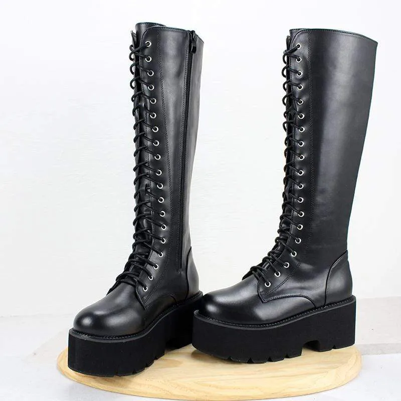 Women's Gothic Punk Lace-up Zipper Thigh High Boots