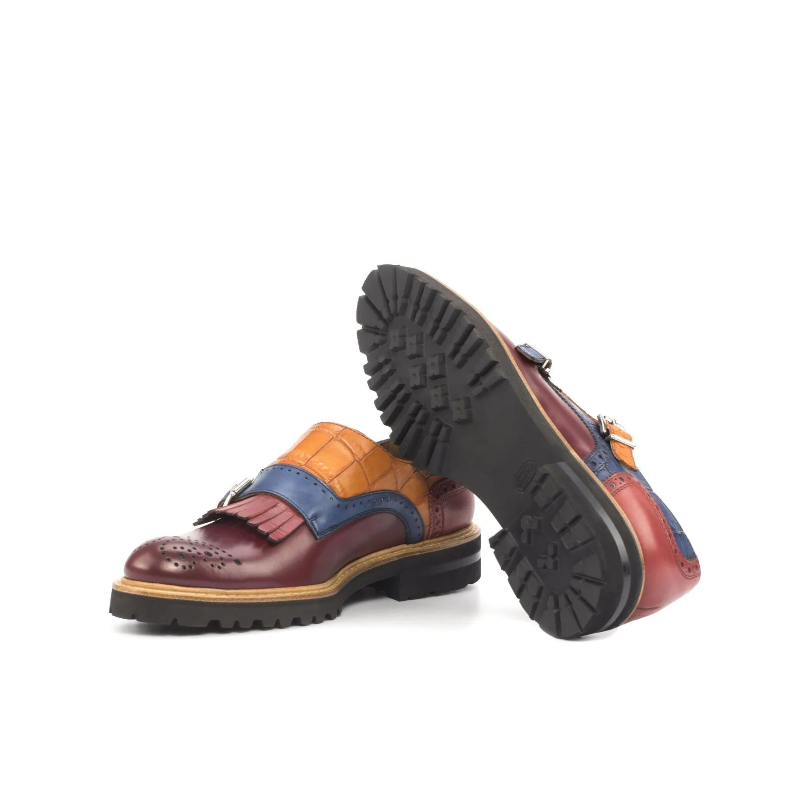 Women's Kiltie Monk Strap Leather Shoes Burgundy Blue 4545