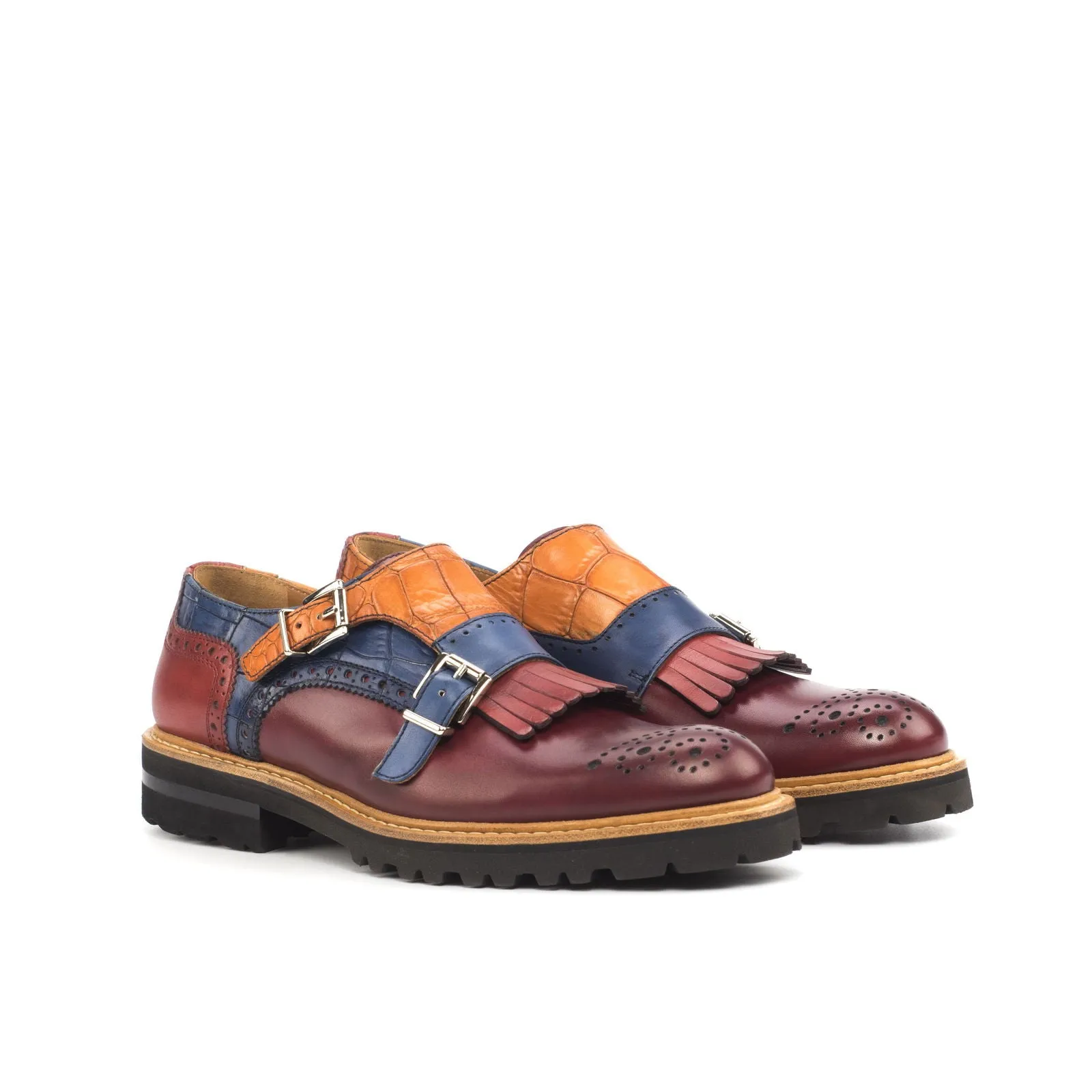 Women's Kiltie Monk Strap Leather Shoes Burgundy Blue 4545