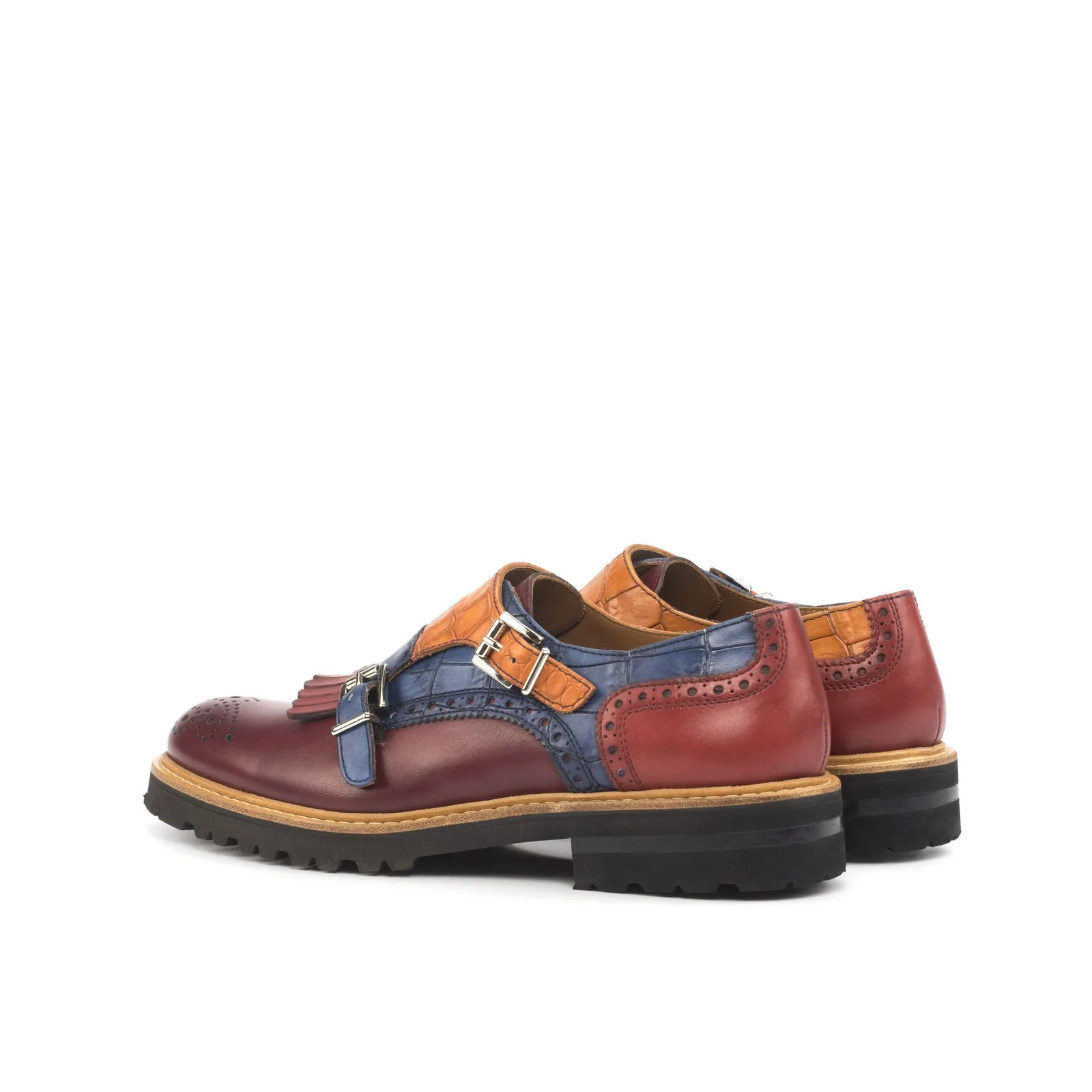 Women's Kiltie Monk Strap Leather Shoes Burgundy Blue 4545