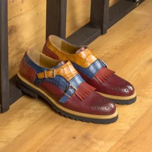 Women's Kiltie Monk Strap Leather Shoes Burgundy Blue 4545