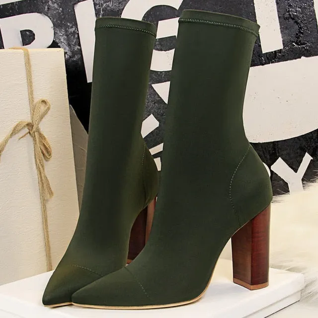 Women’s Pointed Toe 10cm High Heel Sock Boots – Fashion Silk Satin Ankle Boots, Winter Pastel Short Boots for Elegant Style