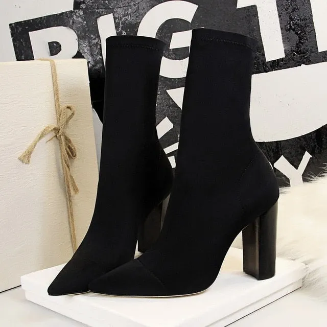 Women’s Pointed Toe 10cm High Heel Sock Boots – Fashion Silk Satin Ankle Boots, Winter Pastel Short Boots for Elegant Style