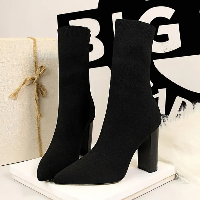 Women’s Pointed Toe 10cm High Heel Sock Boots – Fashion Silk Satin Ankle Boots, Winter Pastel Short Boots for Elegant Style