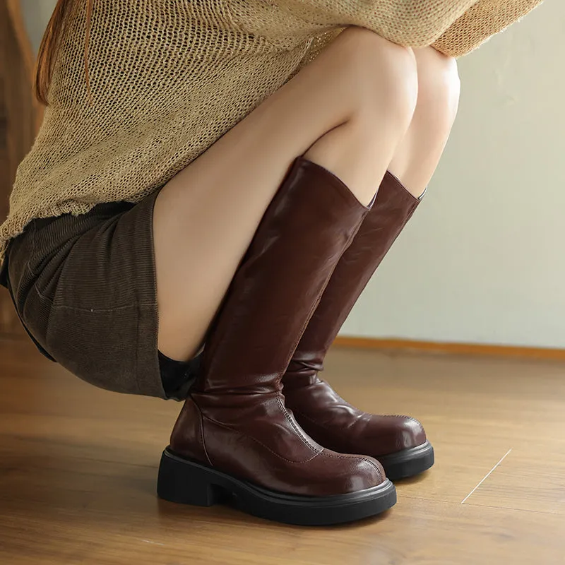 Womens Round Toe Thick Heels Riding Platform Kpop Style Thigh High Boots